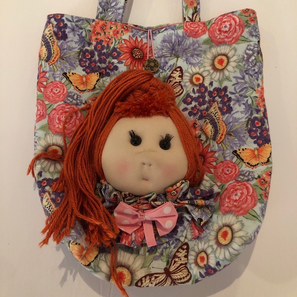Cabbage Patch Kids Doll Face Redhead Yarn Hair Butterflies Blue Purse Rare OOAK